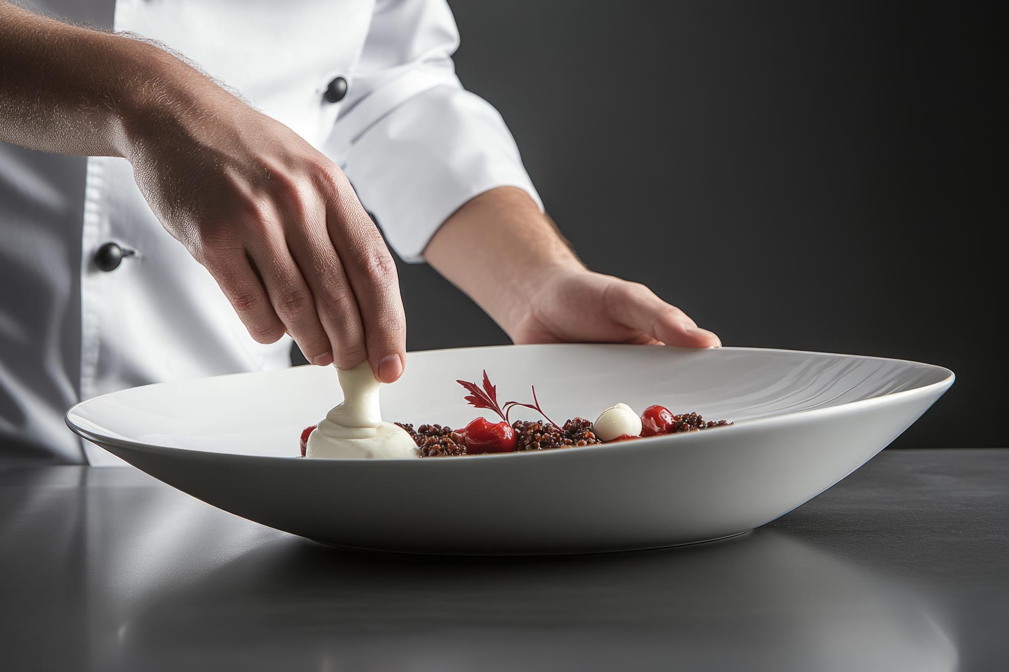Chef arranging plated dish with subtle modern styling